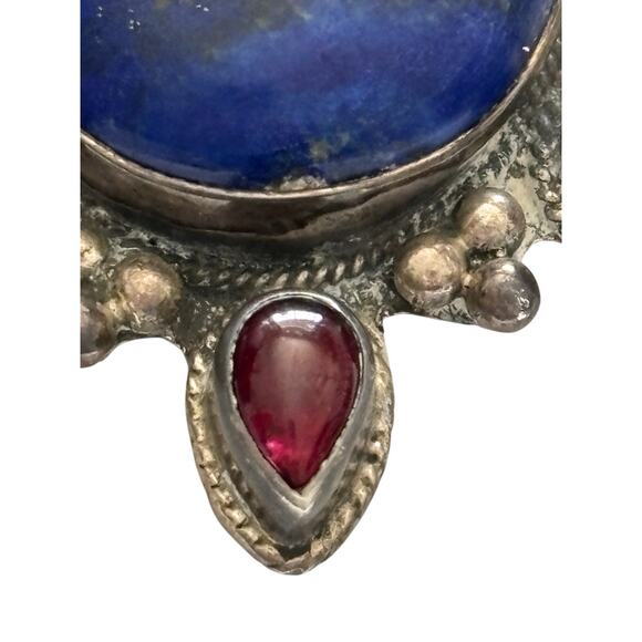 925 Sterling Silver Blue Lapis Red Coral Garnet Ornate Oval Pendant Native 40g - Picture 5 of 11